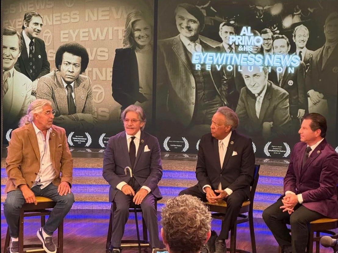 Panel discussion in front of the Al Primo & His Eyewitness News Revolution key art and festival laurels