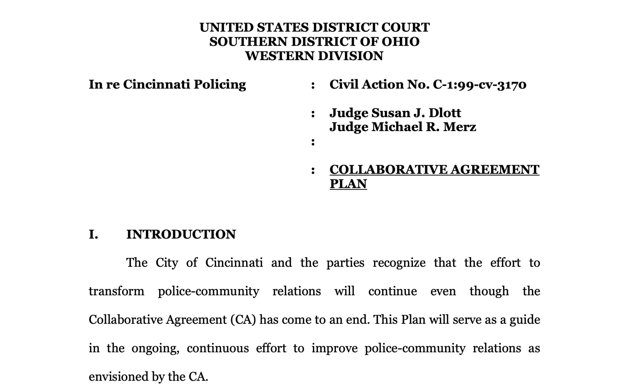 Collaborative Agreement Plan, U.S. District Court, Southern District of Ohio, In re Cincinnati Policing