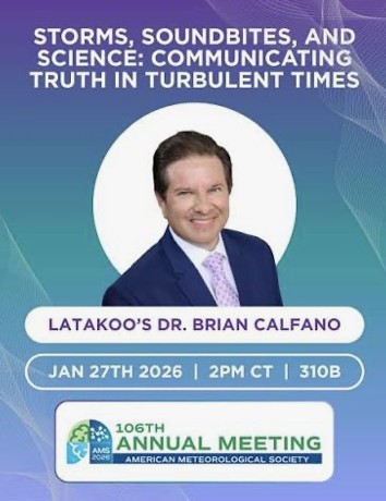 106th Annual Meeting of the American Meteorological Society conference announcement for Brian Calfano's presentation, Storms, Soundbites, and Science: Communicating Truth in Turbulent Times