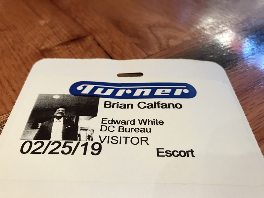 Turner Broadcasting visitor badge for Brian Calfano, DC Bureau, issued for a shoot at the Hall of States Building