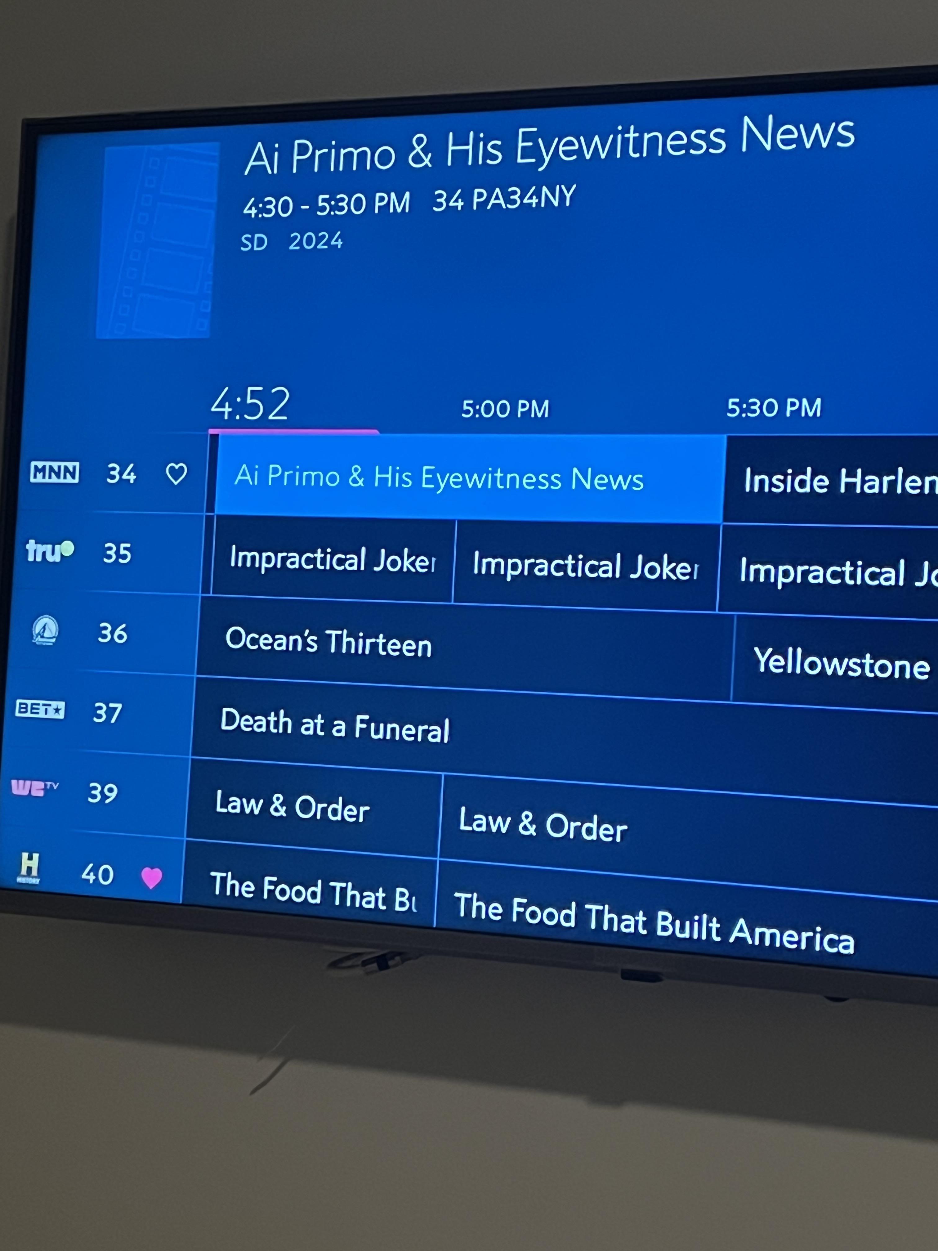 TV listing for Al Primo & His Eyewitness News airing in New York City