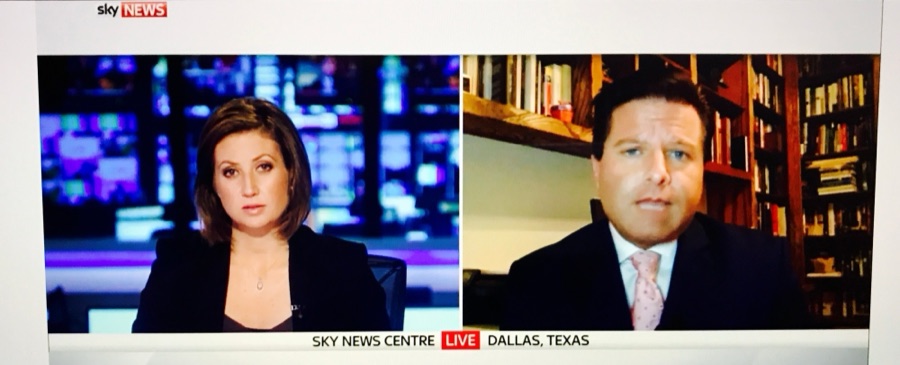 Brian Calfano live on Sky News in the UK, split screen with a Sky News anchor