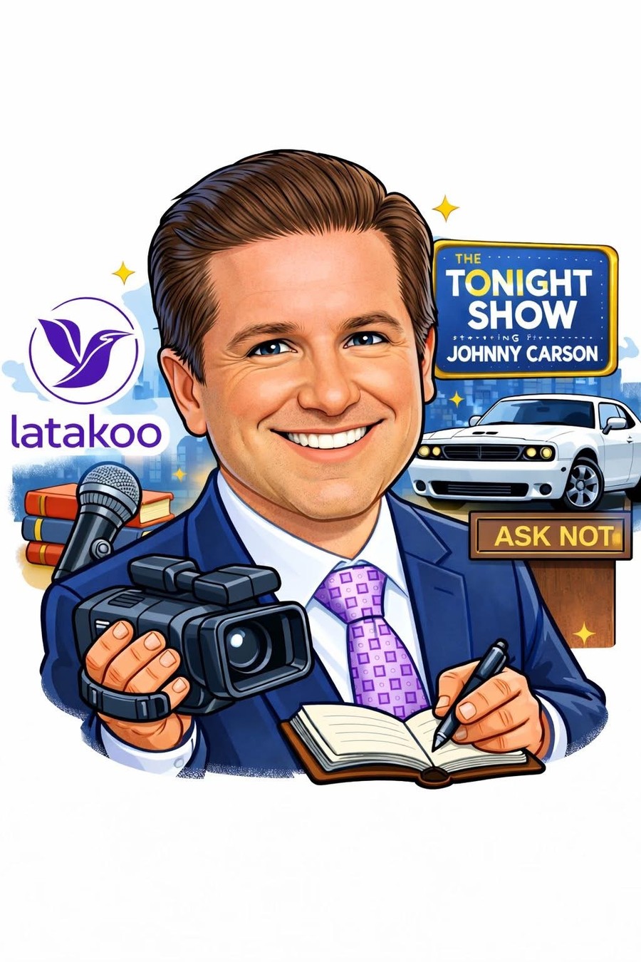 Illustrated collage of Brian Calfano with a camera, microphone, books, the latakoo logo, a Tonight Show sign and a white Dodge Challenger