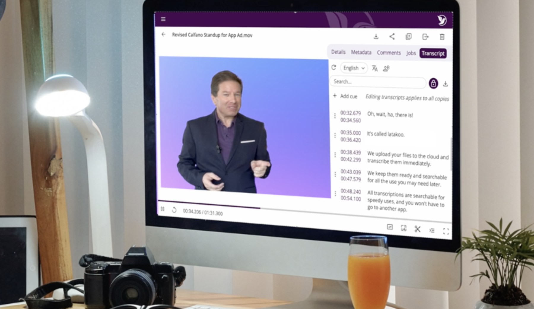 latakoo Pilot showing a video with its searchable, editable transcript alongside