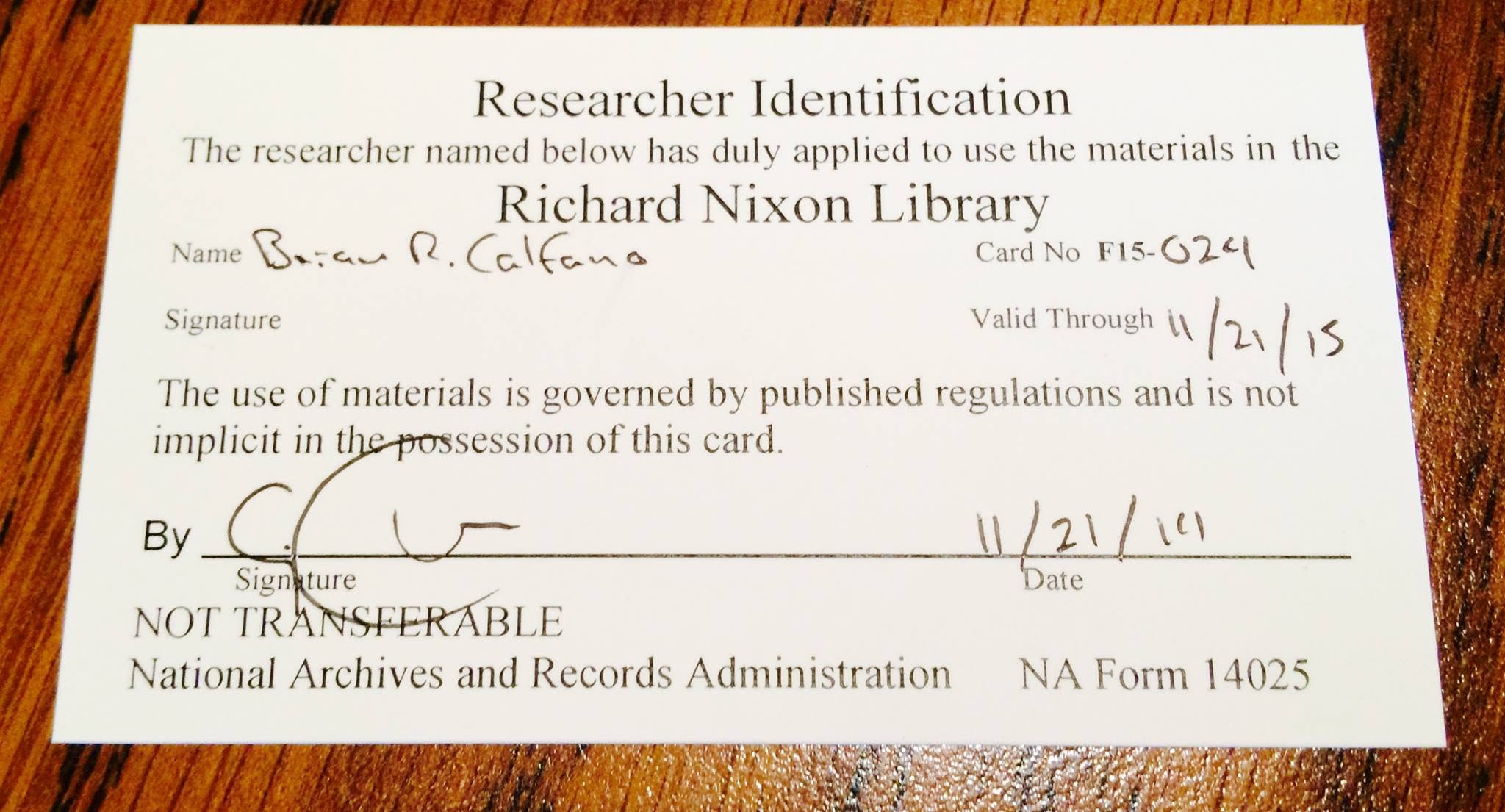 Brian Calfano's Researcher Identification card for the Richard Nixon Library, National Archives and Records Administration