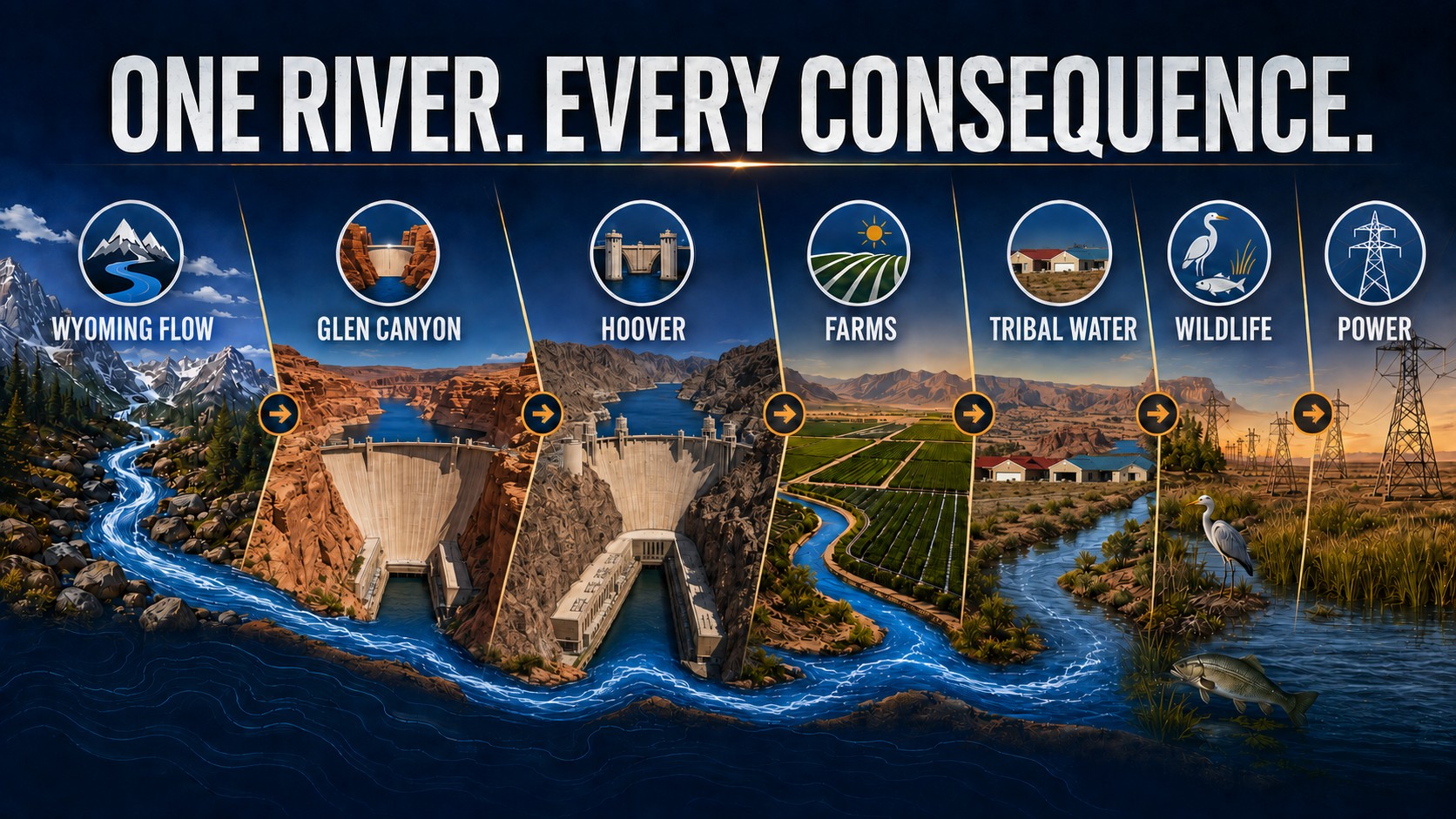 One River. Every Consequence. — graphic tracing the Colorado River from Wyoming flow through Glen Canyon and Hoover dams to farms, tribal water, wildlife and power