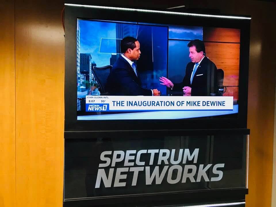 A Spectrum Networks lobby monitor airing coverage of the inauguration of Ohio Governor Mike DeWine (R).