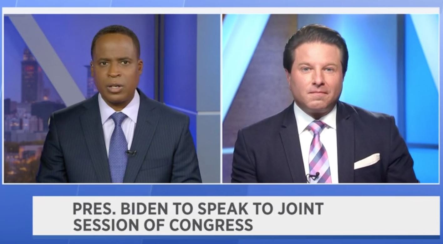 A split-screen segment on Spectrum News previewing President Biden's address to a joint session of Congress.